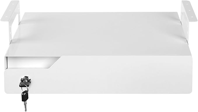 Under Desk Drawer Storage with Lock, Metal Undermount Table Drawer, Ball Bearing Slides Out Tray Organizer for Paper, Pencil, and Laptop 17.3"x11.8"x5.4", White with Adjustable Brackets