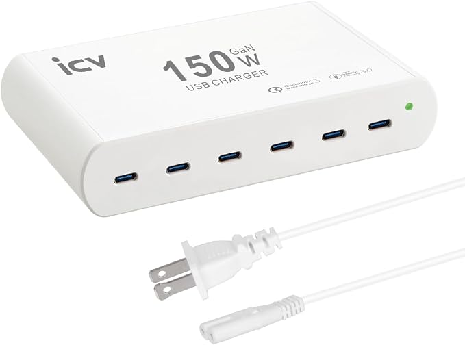 icv 150W PD Fast USB C Charging Station for Multiple Devices, 6-Port GaN 100W Type C Laptop Fast Charger Multiport USB Charging Station for MacBook, iPhone, Samsung, Galaxy, iPad, Android, White