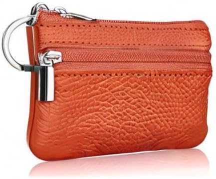 Hibate Orange Small Leather Coin Purse Change Pouch for Women Men Kids with Zip Key Ring