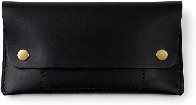Leather Currency Pouch - Handmade Cash Organizer with Double Button Closure & Zipper Pocket, Compact Money Holder for Travel & Everyday Use, 4 x 8 Inch (Black)