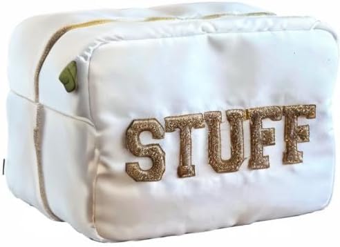 SkyTen Chenille Letter Make Up Bag Nylon Cosmetic Case Stuff Glam Stoney Clover Dupe Travel Organizer (White, X-Large)
