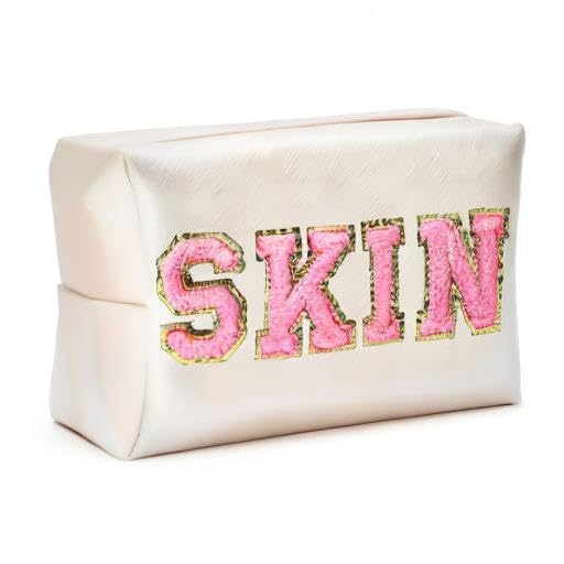 Y1tvei Preppy Patch SKIN Varsity Letter Cosmetic Toiletry Bag PU Leather Portable Makeup Bag Zipper Pouch Storage Purse Waterproof Organizer Gift for Women Teen Girls Daily Travel Use (Shell Gold)
