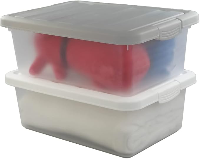 Wekioger Plastic Home Storage Bin with Grey Lid, 14 Quart Frosted Clear Latching Bin, 2 Packs