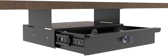 Under Desk Drawer Sliding Out Attachment with Shell, 15.6" x 10" x 5.07" Pull Out Lockable Drawer Storage Organizer with Cable Mangement for Workbench or Standing Desk with High Crosspiece