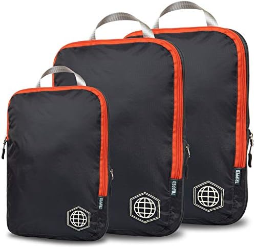 Compression Packing Cubes for Travel, 3-Piece Lightweight Packing Cubes Set for Carry-On Luggage & Backpacks – TRIPPED Travel Gear (Grey and Orange)