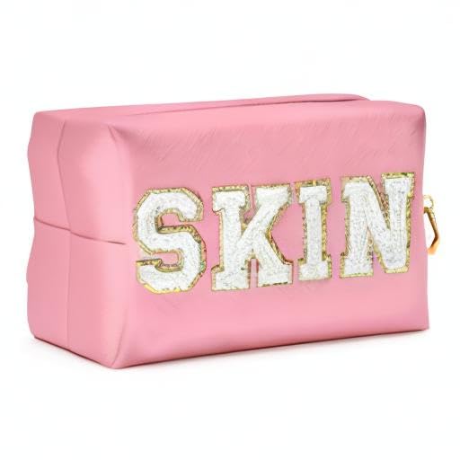 Y1tvei Preppy Patch SKIN White Letter Pink Cosmetic Toiletry Bag PU Leather Portable Makeup Bag Daily Use Storage Pouch Toiletry Purse Waterproof Organizer for Travel Varsity Women Girls Teens(Pink)