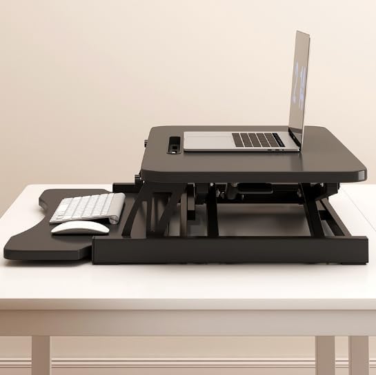 Standing Desk Converter 32" - Sit to Stand Desk Converter for Dual Monitors - Height Adjustable Desk Riser for Standing - Home Office & Corporate Use - Relieve Back Pain (Black)