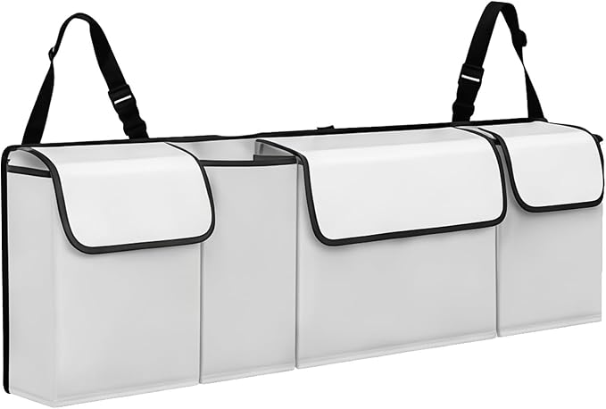 Car Trunk Organizer – Backseat Hanging Large Storage Bag with Adjustable Straps, Waterproof Collapsible Cargo Organizer with 4 Pockets, Space-Saving Trunk Storage for SUV Truck MPV (White)