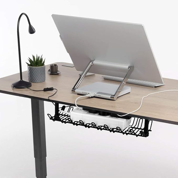 2 Packs Cable Management Tray, 14 inch Under Desk Cable Holder for Wire Management, Heavy Metal Cord Organizer Ideal for Computer Home Office Standing Tables to Hide Power Strips (Black)