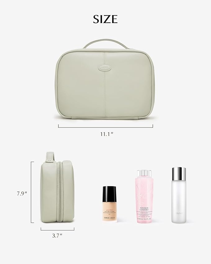 EACHY Toiletry Bag with Hanging Hook, Travel Makeup Bag PU Leather Cosmetic Bags for Women Make Up Organizer with 4 Compartments Waterproof Full-Size Portable Travel Essentials (Fog Green,Pro)