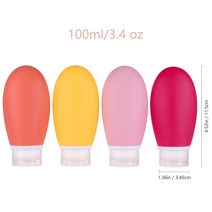 LIYUABU Leak Proof Silicone Travel Bottles,4 Pack 3.4oz Liquid Squeezable Refillable Portable Accessories/Cosmetic Containers,BPA Free,Travel Size Bottles for Toiletries Shampoo Conditioner Lotion