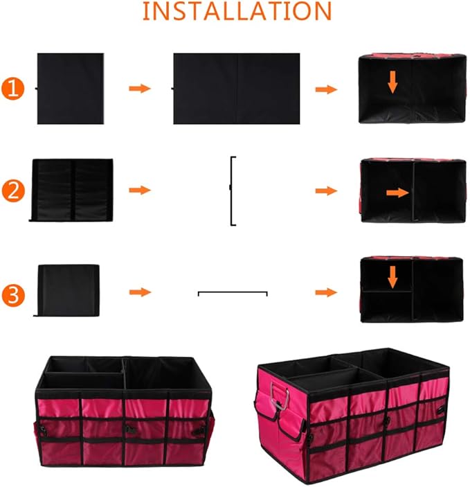 Car Trunk Organizer Collapsible Portable Multi Compartments Organizer with Non Slip Straps for SUV Truck Auto Vehicle Car Auto Minivan(Large without cover, Rose red)