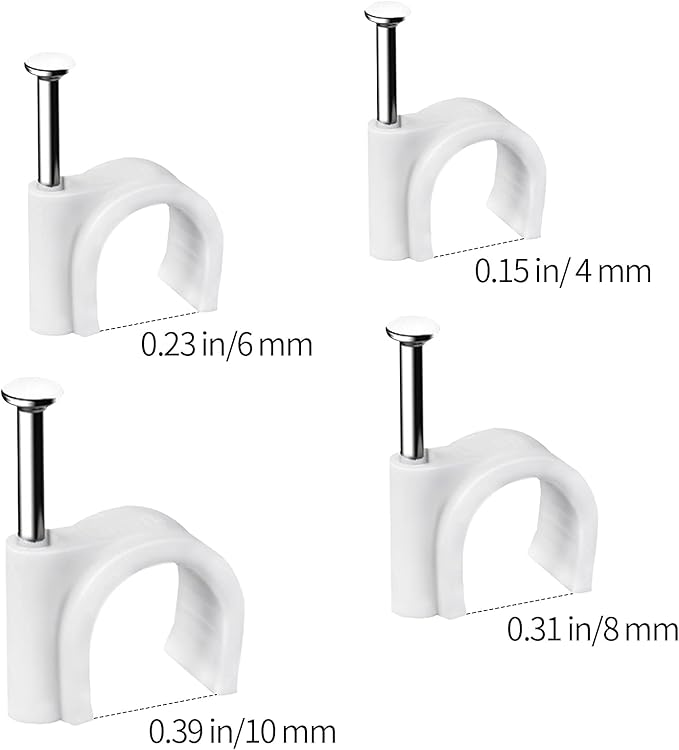 Abnii Cable Clips, 400 Pcs, 4mm 6mm 8mm 10mm, Wire Wall Clips with Steel Nails, Ethernet Cable Clips, Cable Tacks Coax Cable Clips, RG6 RG59 CAT6 RJ45 Cable Cord Clips, White…