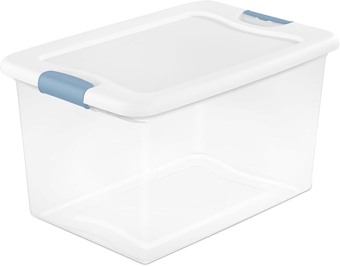 Sterilite 12-Pack Latching Box, Clear Plastic Organizer Bins with White Lids, 64 Quart – Large Stackable Containers for Closet, Bedroom, Garage, Kitchen, and Pantry Organization