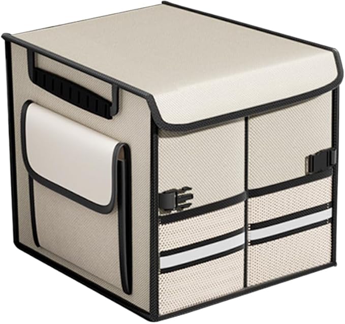 HZEL Car Trunk Organizer with Lid, Foldable Slip Resistant Multi-Compartment Vehicle Cargo Storage Box, Collapsible Waterproof Automotive Trunk Organizer, Universal for SUV Van Truck (Beige)