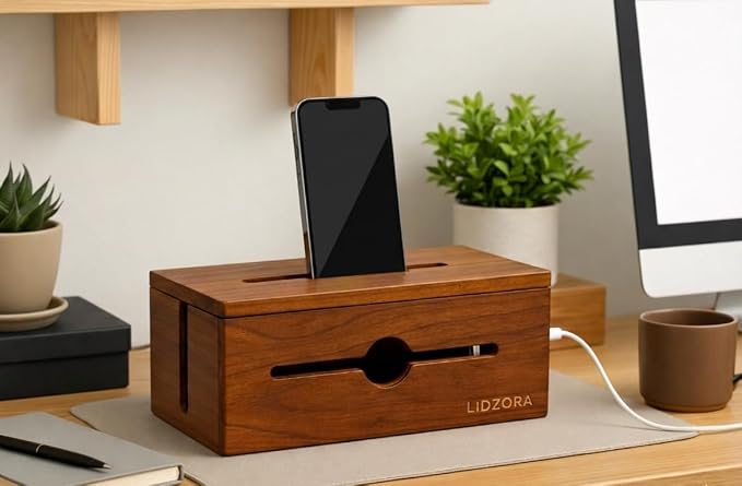 Wooden Cable Management Box for Power Strips, Desk Cord Organizer for Home Office & TV Stand, Hidden Cable Storage with Phone Stand