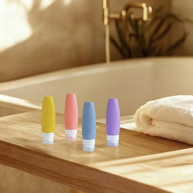 4 PCS Silicone Travel Bottles, 2oz Refillable Toiletries Containers Set, Small Empty Travel Size Bottles for Shampoo, Lotion, Shower Gel (Bright)