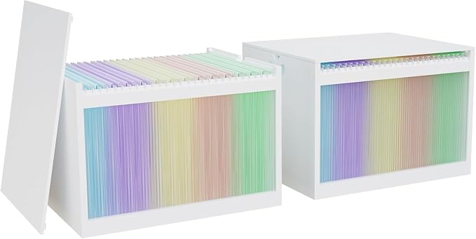 Bamboo Hanging File Boxes with Lids 2 Pack, File Organizer Box for Letter/Legal File, File Box with Hanging Folders Acrylic Light Easy Assembly File Storage Boxes for Office Home, White