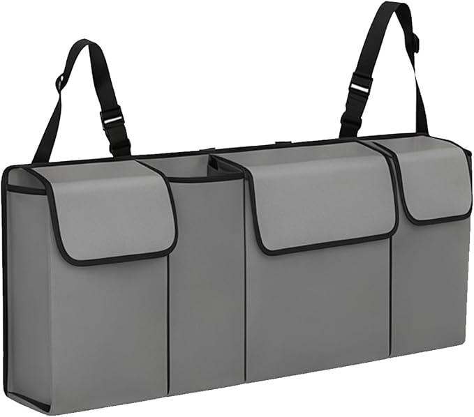 Car Trunk Organizer – Backseat Hanging Large Storage Bag with Adjustable Straps, Waterproof Collapsible Cargo Organizer with 4 Pockets, Space-Saving Trunk Storage for SUV Truck MPV (Grey)