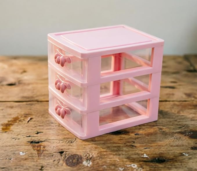 Plastic Storage Organizer for Girls – Cute Desktop Jewelry & Makeup Box with Bow Handles, Ideal for Teens’ Room Decor & School Supplies (Three Layers)