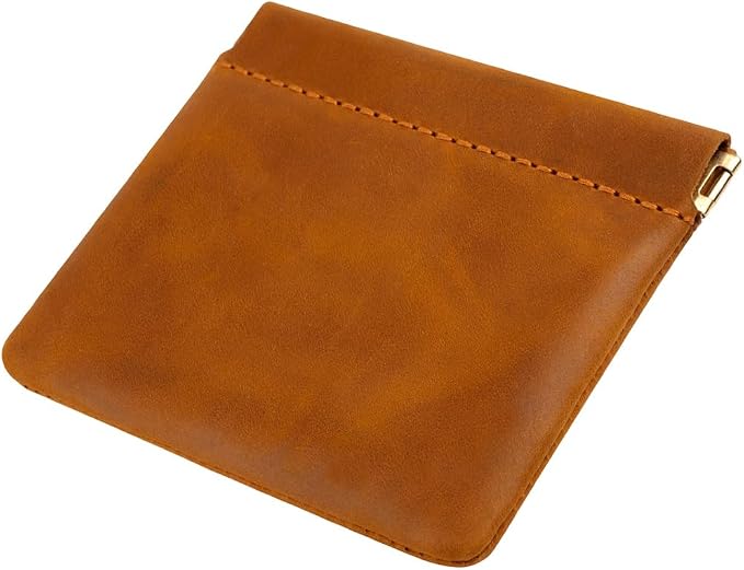 Genuine Leather Mini Squeeze Coin Purse Pouch Small Coin Wallet Change Holder Portable Leather Pocket Cosmetic Bag Travel Makeup Lipstick Pouch Crimp Closure for Women Men