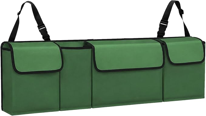 Car Trunk Organizer – Backseat Hanging Large Storage Bag with Adjustable Straps, Waterproof Collapsible Cargo Organizer with 4 Pockets, Space-Saving Trunk Storage for SUV Truck MPV (Green)