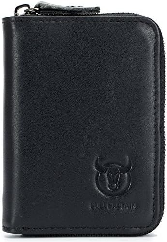 BULLCAPTAIN Genuine Leather Men Wallet Card Holder Cards Zipper Credit Card Pack Case Purse (Black)
