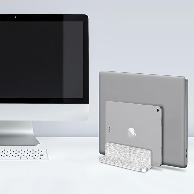 Bling Vertical Laptop Stand, Double Desktop Stand Holder with Adjustable Dock (Up to 17.3 inch),Compatible with All MacBook/Surface/Samsung/HP/Dell/Chrome Book (Silver Glitter Rhinestones)