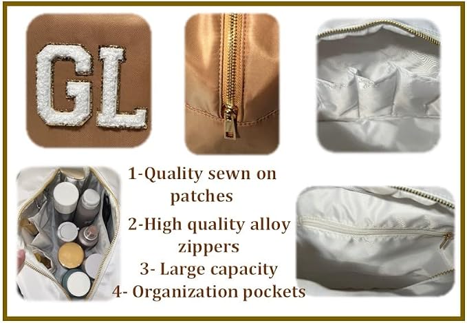 SkyTen Chenille Letter Make Up Bag Nylon Cosmetic Case Stuff Glam Stoney Clover Dupe Travel Organizer (Black, XL)