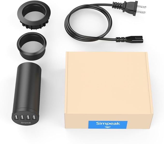 Simpeak 30W 4-Port USB Desk Charger Desktop Charging Station Mounts on The 2.0"/2.4" Grommet Hole with Power Cable (Match 2pcs Grommet),C51 Black