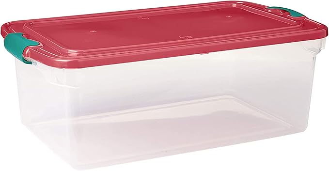 HOMZ 6-Pack Holiday Tote, Plastic Storage Organizer Bins with Lids, 64 Quart, Clear/Red - Stackable Organizing Containers for Home, Garage, and Office