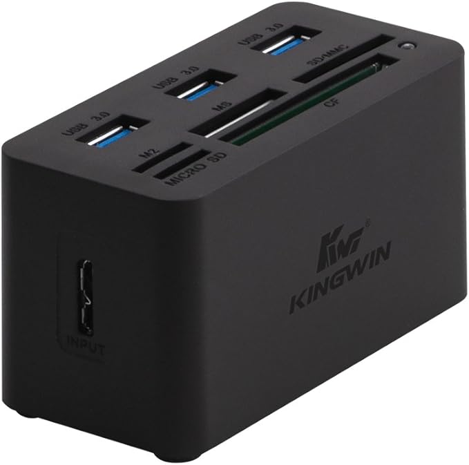 Kingwin USB HUB Adapter w/ Memory Card Reader Writer & USB 3.0 HUB Combo - Supports High Speed SD MS Micro M2 CF Card Reader For Macbook, Laptop, Desktop - Includes USB Cable 5 Gbps Speed, Black