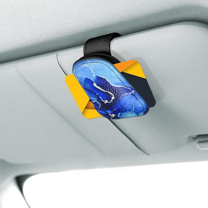 WIRESTER Sunglasses Holder Clip for Car Sun Visor, Leather Glasses Eyeglass Hanger Clip, Car Visor Accessories - Marble Gold and Blue