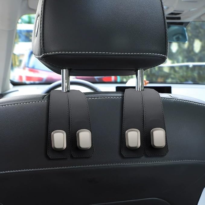 Car Seat Headrest Double Hooks Organizer 1-4 Pack – Heavy Duty Leather & Metal Hook for Bags, Purses, Wallets – Phone Mount – Fits Most Vehicles (black-2pcs)