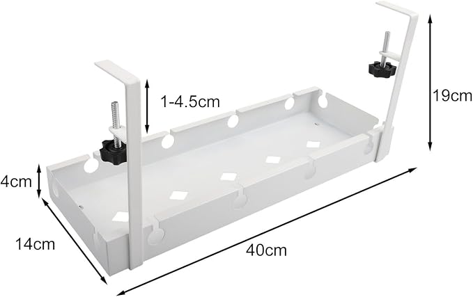 Under Desk Cable Tray with Ventilated Metal Frame for Heat Dissipation, Adjustable Fit for Office Desk and No Drilling Installation Required (White)