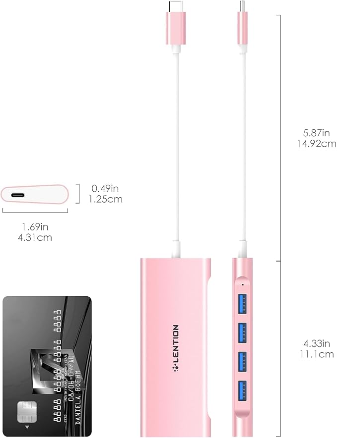 LENTION 5-in-1 USB-C Hub, 4 USB3.0, 60W Charging, Multiport Adapter | Ideal for Work & Study, Stable Driver 3.0 Certified, Compatible with macOS, iOS/iPadOS, Windows & ChromeOS (C31, Rose Gold)