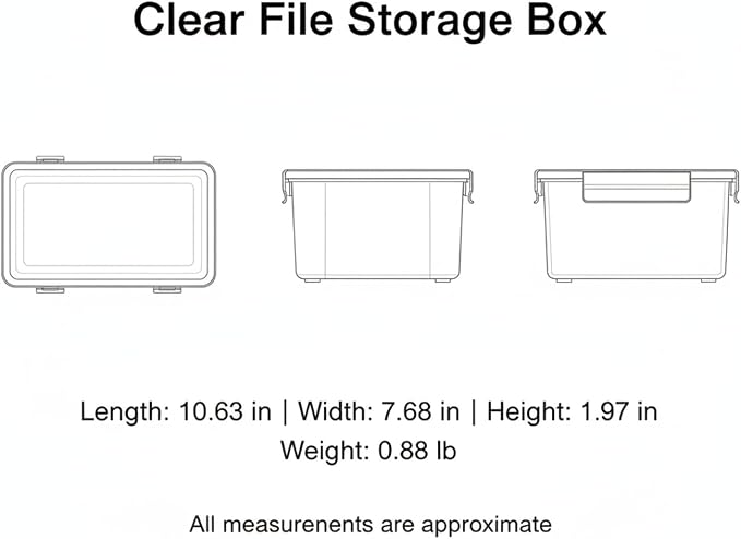 Low-Profile Rectangular File Box with Handle, Transparent PP Plastic Document Organizer for Desktop Storage