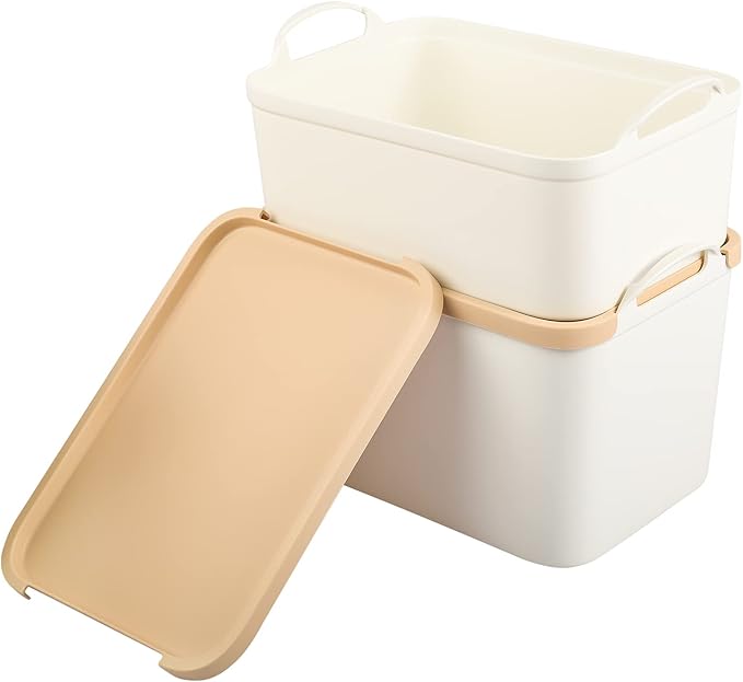 ANMINY 5PCS Plastic Storage Bins Containers with Lids, Large Storage Organization Bins Boxes, Lidded Plastic Storage Baskets for Closet Shelves Desktop, Wheat Lids, 2M + 3S
