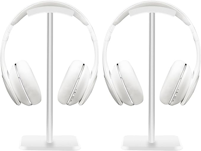 JIKIOU Headphone Stand Gaming Headset Holder Universal Aluminum Metal Headphones Holder Hanger with Aluminum Supporting Bar Flexible Headrest ABS Solid Base for All Headphone 2 Pack (White)