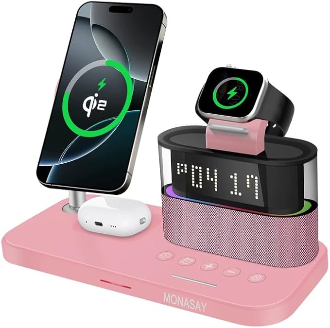 MONASAY Qi2 5 in 1 Wireless Charging Station, 23W Wireless Charger with Alarm Clock for Devices, Magnetic Charger Stand for iPhone 16/15/14/13/12 Series and AirPods, Apple Watch Series, Rosegold
