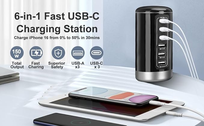 Universal USB Tower Fast Charging Station 6-Port 150W - Compact, Space-Saving Design with Multiple USB-C Ports for All Series iPhone Galaxy Note Pixel iPad Multiple Devices