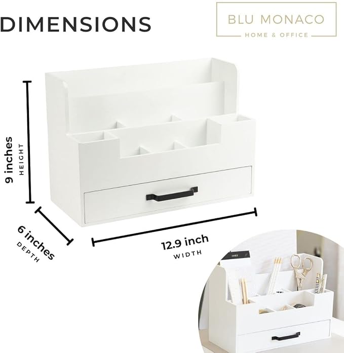 BLU MONACO White Wooden Desk Organizer With Drawer | Desktop Storage With Drawers | Multi-Compartment Desk Caddy for Home Office | 5.7βD x 12.9βW x 9βH Tabletop Accessory Holder