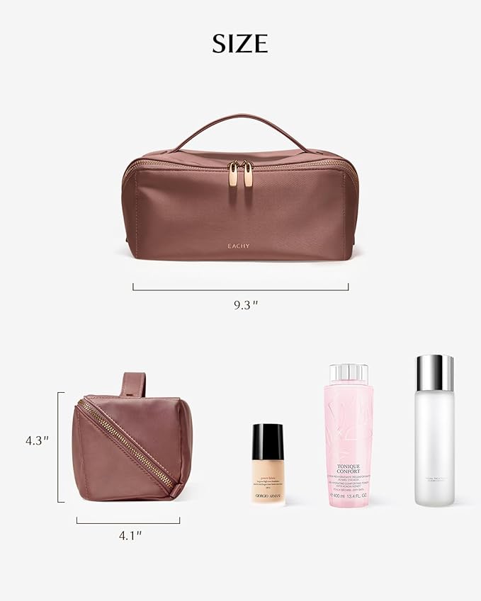 EACHY Travel Makeup Bag, Large Capacity Cosmetic Bag for Women, Waterproof PU Leather, Flat Open Portable Toiletry Bag for Skincare, Brushes & Travel Essentials