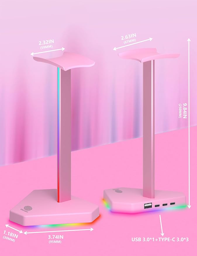 RGB Headphones Stand with 1 USB-C Data Transmission& 3 Type-C Charging Port, Desk Gaming Headset Holder with 7 Light Modes and Non-Slip Rubber Base (Pink)