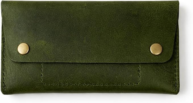 Leather Currency Pouch - Handmade Cash Organizer with Double Button Closure & Zipper Pocket, Compact Money Holder for Travel & Everyday Use, 4 x 8 Inch (Green)