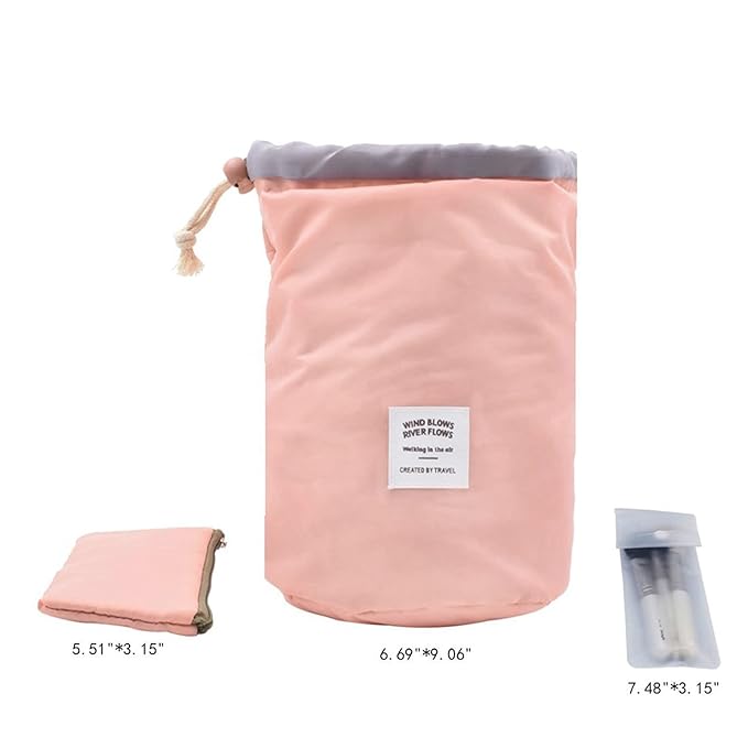 INVODA Drawstring Cosmetic Bag Travel Makeup Bag for Women Toiletry Bag Portable Drawstring Make up Organizer Bag for Travel (Pink)