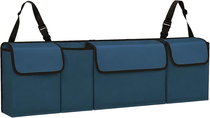 Car Trunk Organizer – Backseat Hanging Large Storage Bag with Adjustable Straps, Waterproof Collapsible Cargo Organizer with 4 Pockets, Space-Saving Trunk Storage for SUV Truck MPV (Blue)