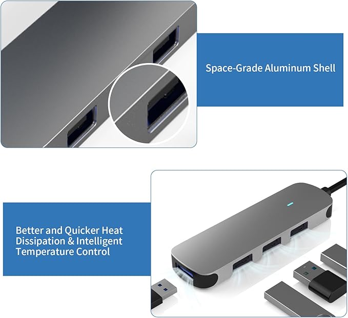 USB Hub 4 Ports, MEANHIGH Multiple USB A 3.0, 2.0 Splitter Portable Adapter for Laptop, Plug and Play Mini USB Extender for PC, Flash Drive, Mobile HDD