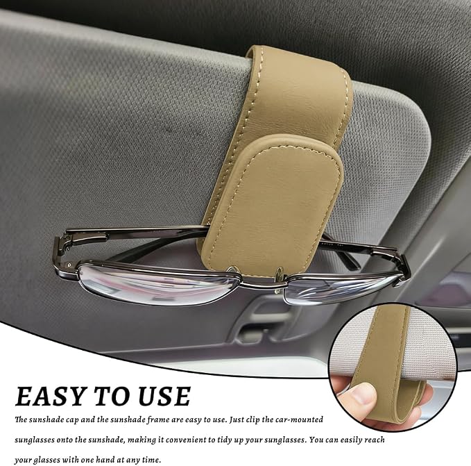 Sunglass Holder for Car, Car Sunglass Holder, Magnetic Leather Sunglasses Holder and Ticket Card Clip, Auto Multi-Functional Sun Visor Eyeglass Holders for SUV Pickup Truck (Beige)