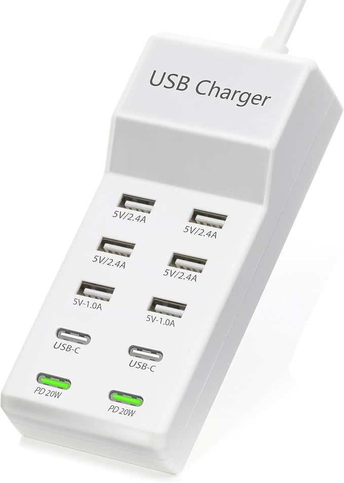 USB Charger,100W USB Charging Station with 10-Port(6 USB-A Port&2 USB-C Port&2 PD20W) Compatible with iPhone 15/14/13/13pro Max 12/12 Mini/12Pro/12 Pro Max/11,Tablets, Smartphones White